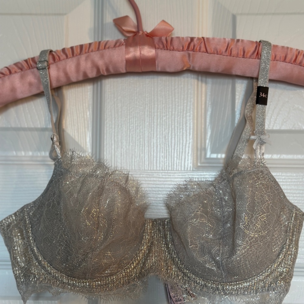 Victoria’s Secret Smoky Silver Metallic Lace Bra – Eyelash Glitter, Size 34C